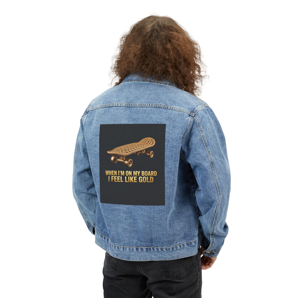 Denim Jacket — Skateboard Gold Back Patch ‘When I’m On My Board I Feel Like Gold’