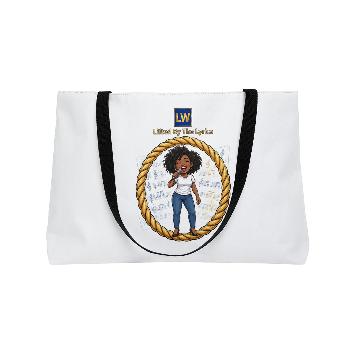 Singing Lady Weekender Tote Bag — "Lifted by the Lord" Afro Woman Canvas Travel Tote