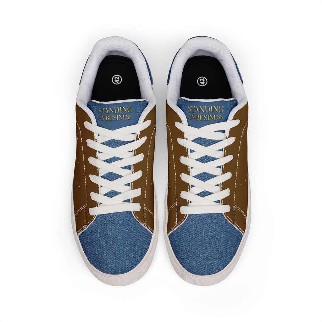 Standing On Buisness Leather Low-Top Sneakers — Brown & Denim Casual Women’s Shoes