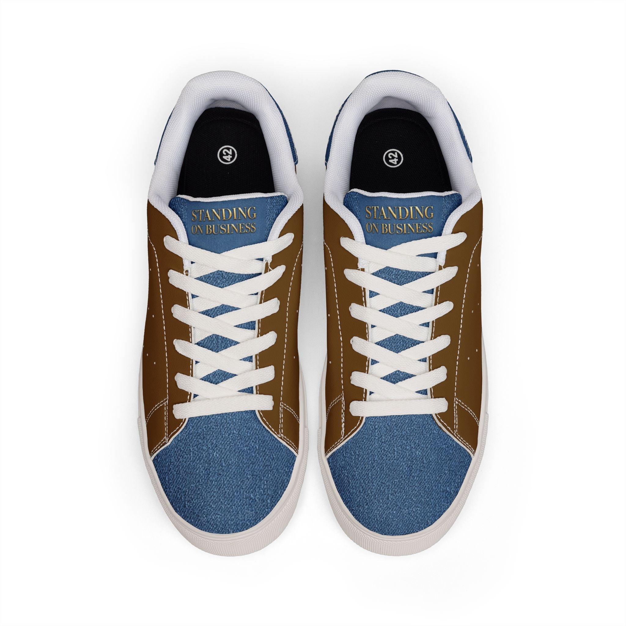 Standing On Buisness Leather Low-Top Sneakers — Brown & Denim Casual Women’s Shoes