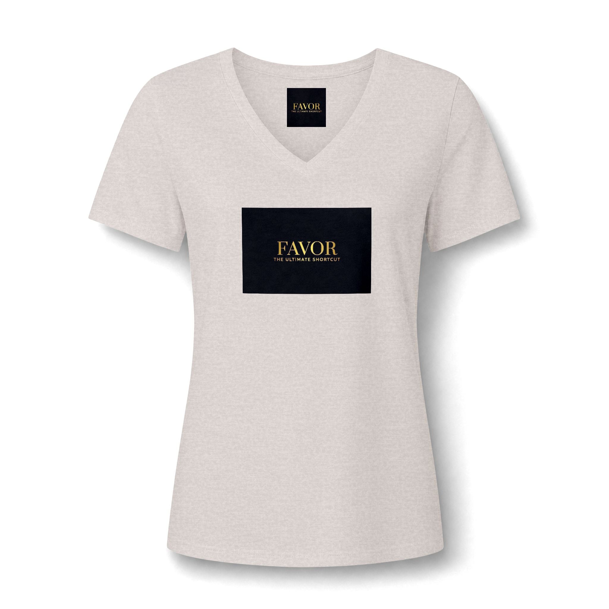 V-Neck Tee — 'Favor Heavens Favorite' Gold Script Graphic