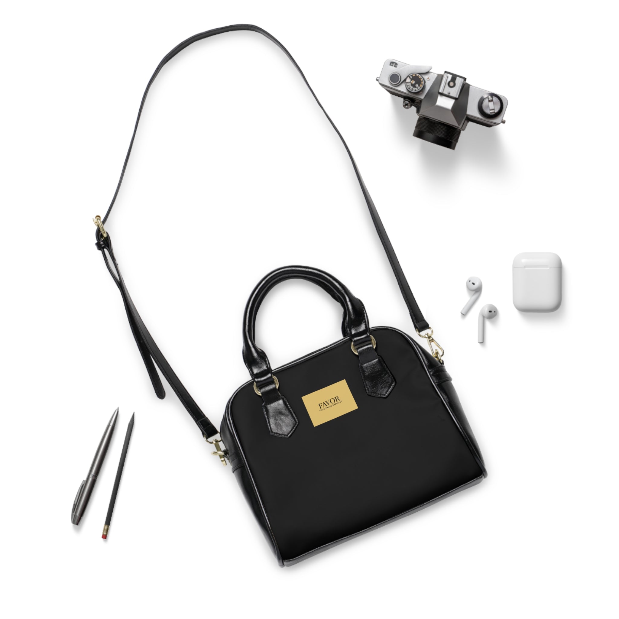 “ Favor The Ultimate Shortcut “ Classic Black & Gold Shoulder Handbag – Elegant Everyday Tote