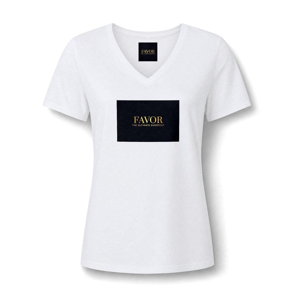 V-Neck Tee — 'Favor Heavens Favorite' Gold Script Graphic