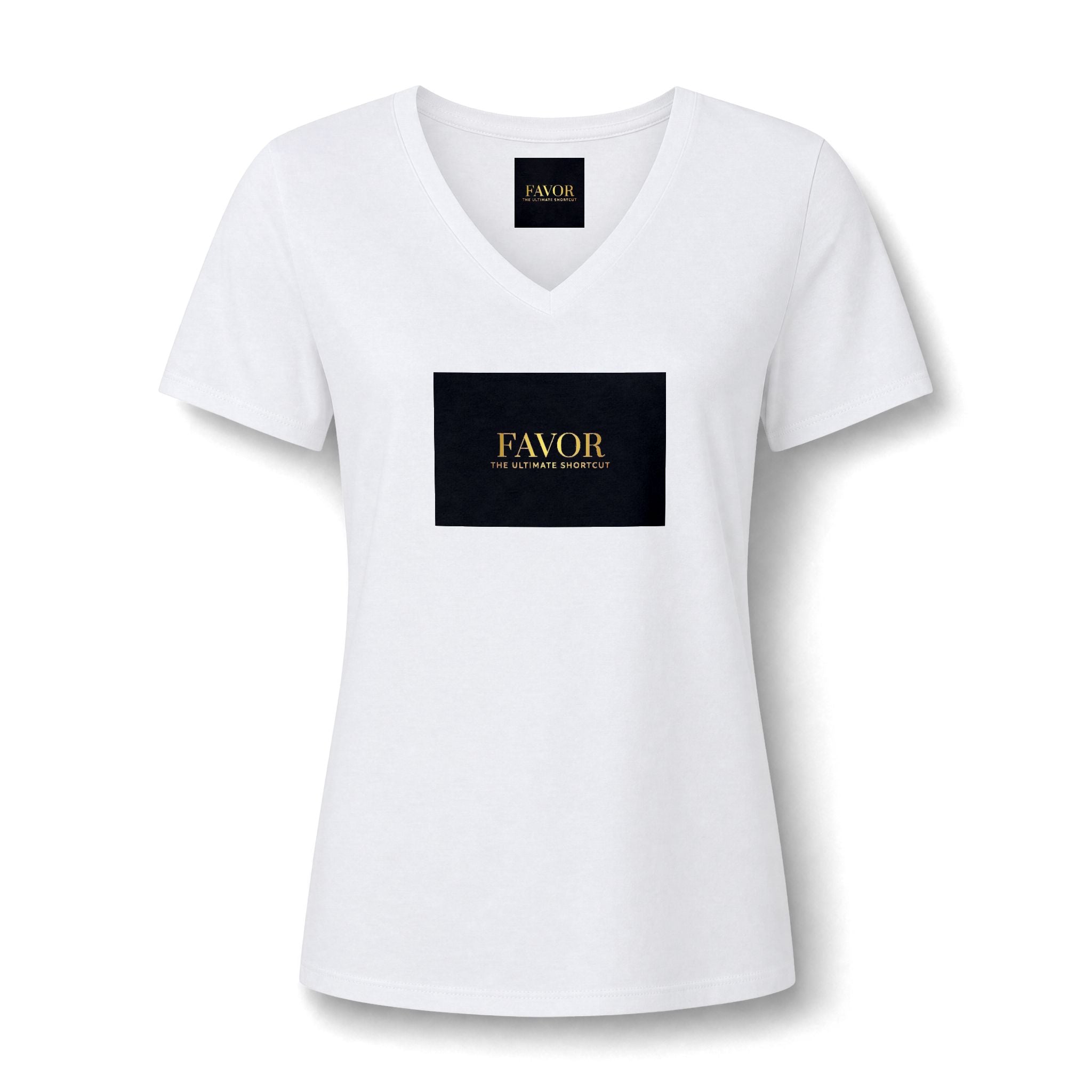 V-Neck Tee — 'Favor Heavens Favorite' Gold Script Graphic