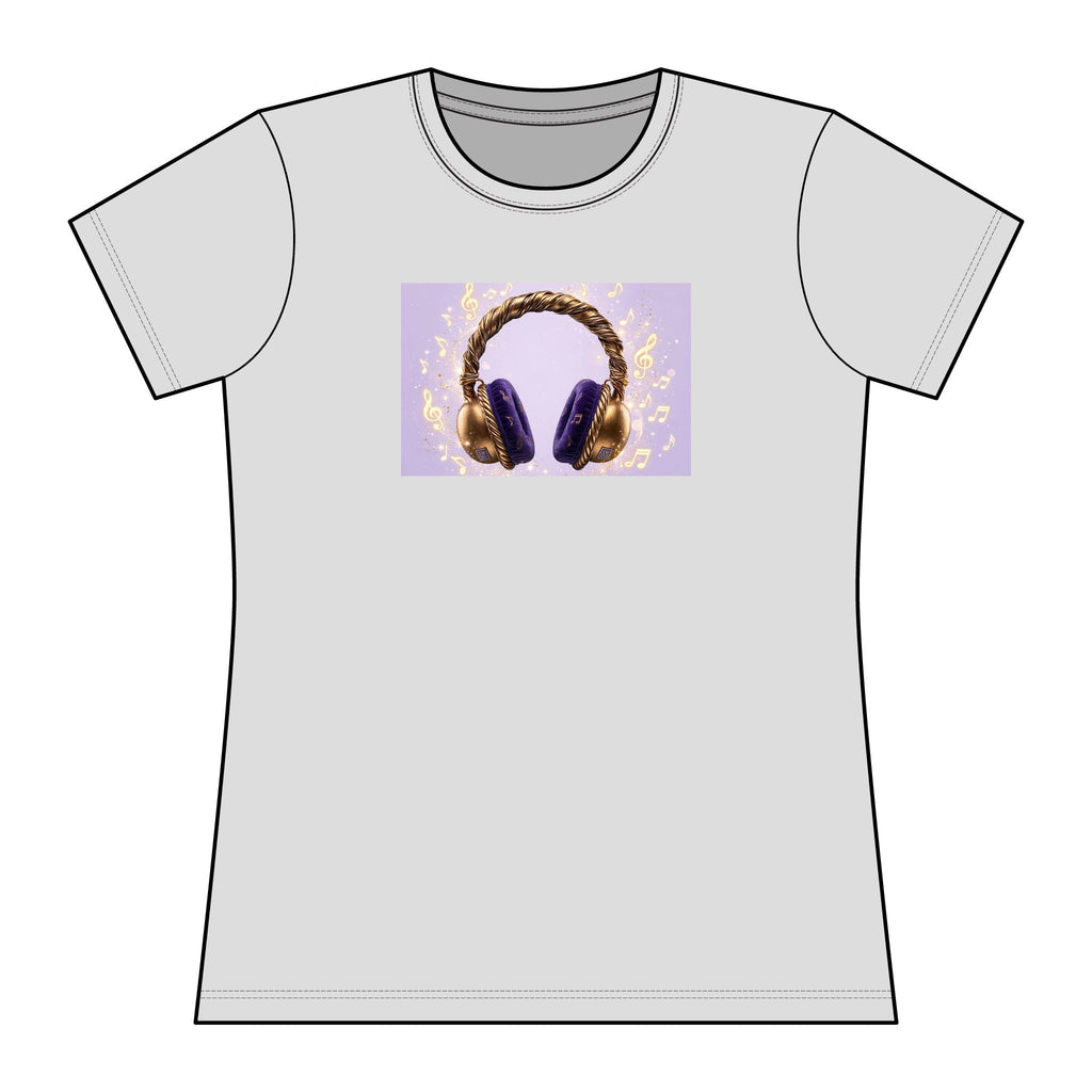 Women’s Lavender/Purple Headphones Graphic Tee – Gold & Purple Music Lover Rashguard