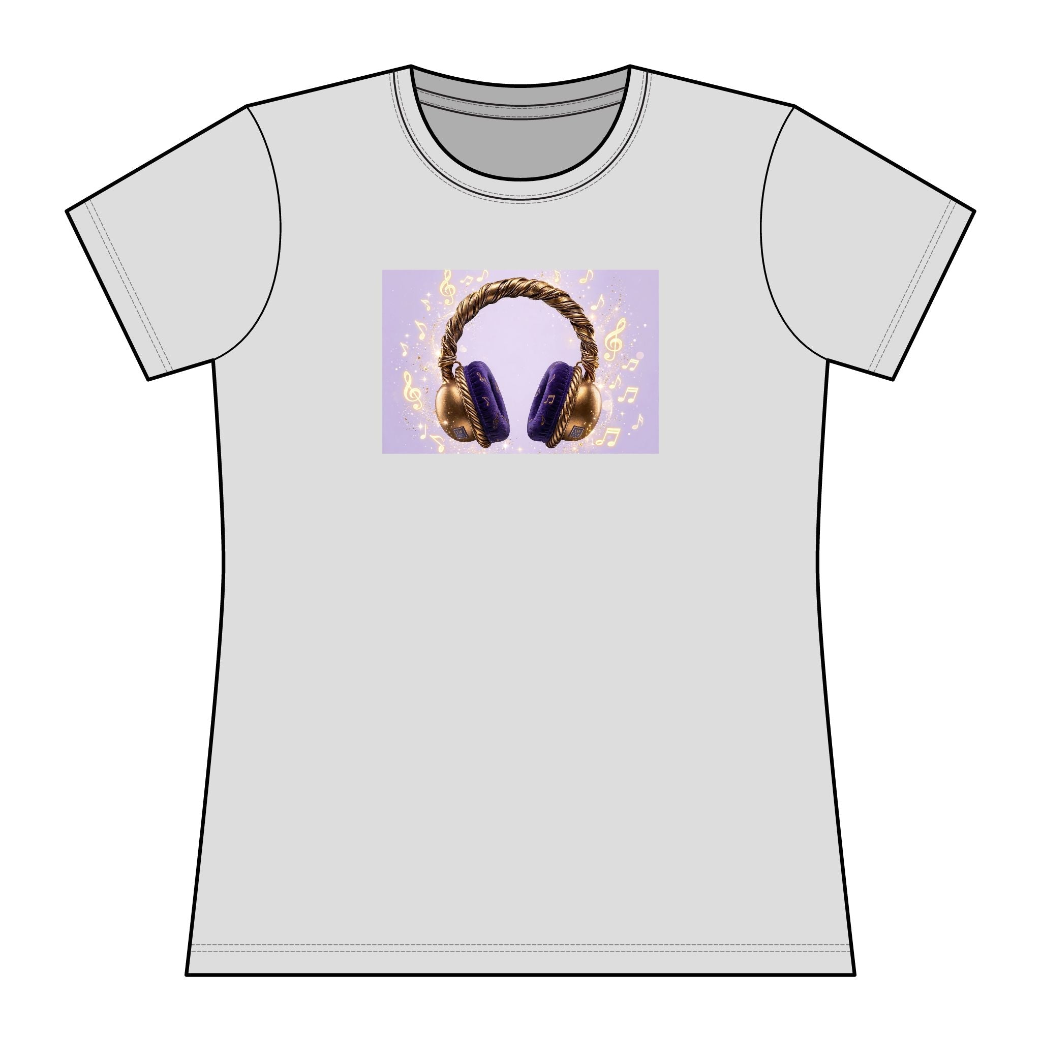 Women’s Lavender/Purple Headphones Graphic Tee – Gold & Purple Music Lover Rashguard