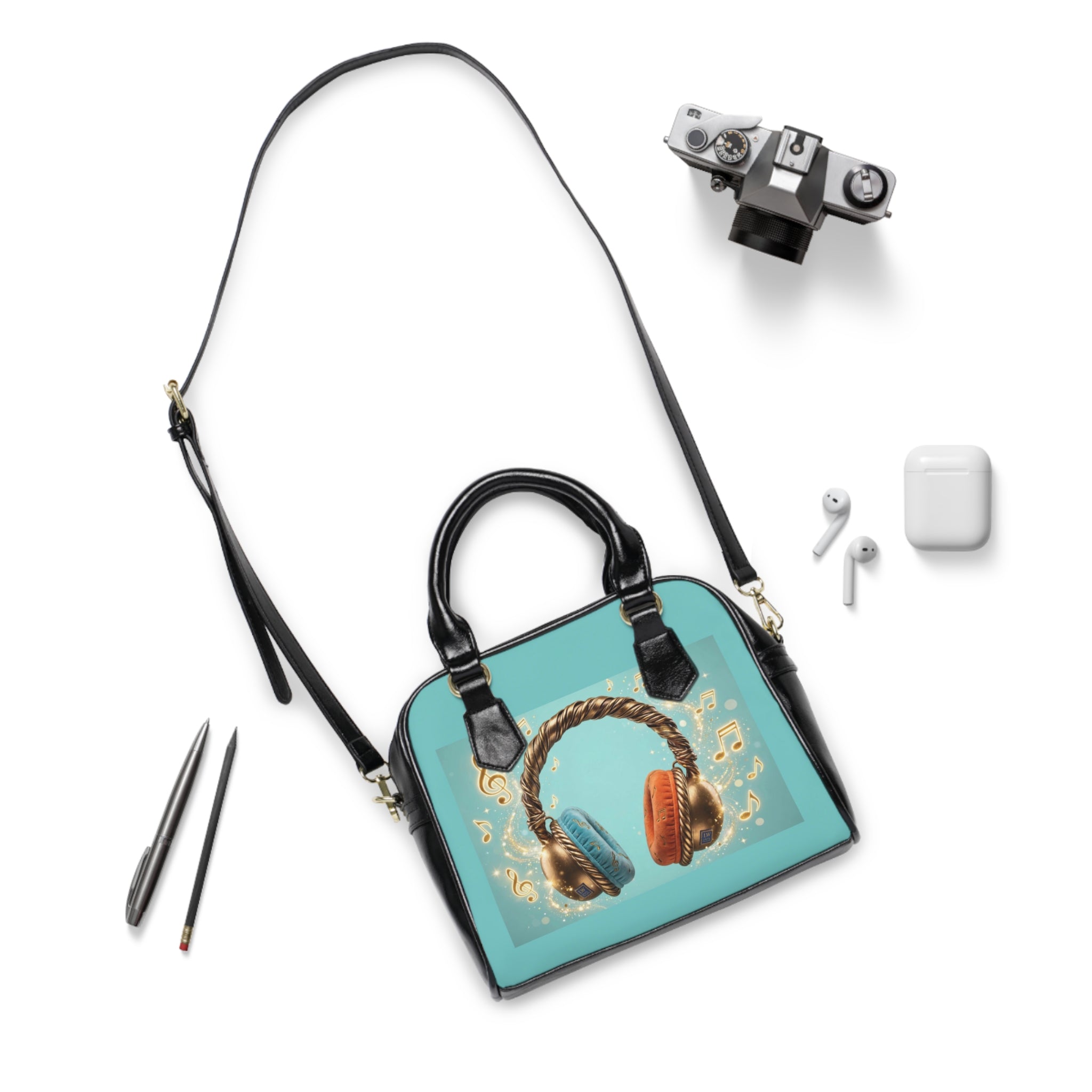 Music Headphones Shoulder Handbag — Retro Teal & Orange Tote for Music Lovers