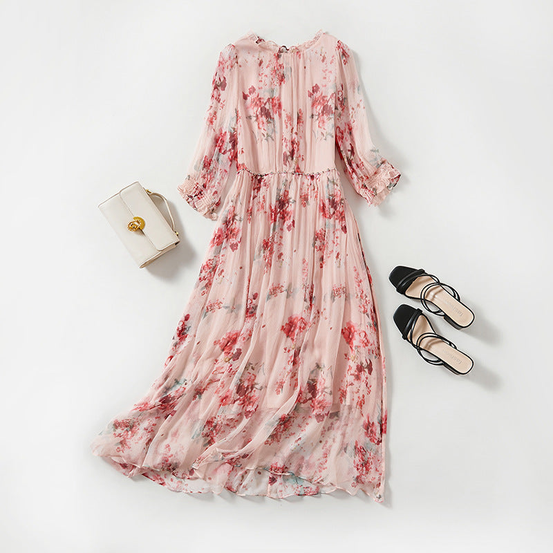 Babier Women's Silk Dress, Fashion Floral Elegant Mulberry Silk Long Dress, Beach Vacation Style