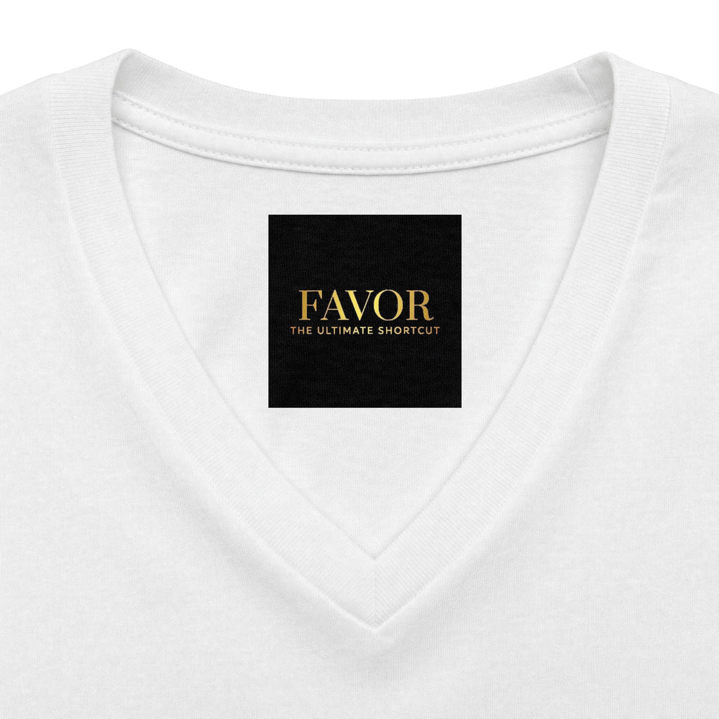 V-Neck Tee — 'Favor Heavens Favorite' Gold Script Graphic