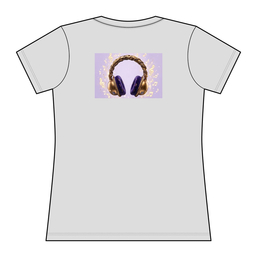 Women’s Lavender/Purple Headphones Graphic Tee – Gold & Purple Music Lover Rashguard