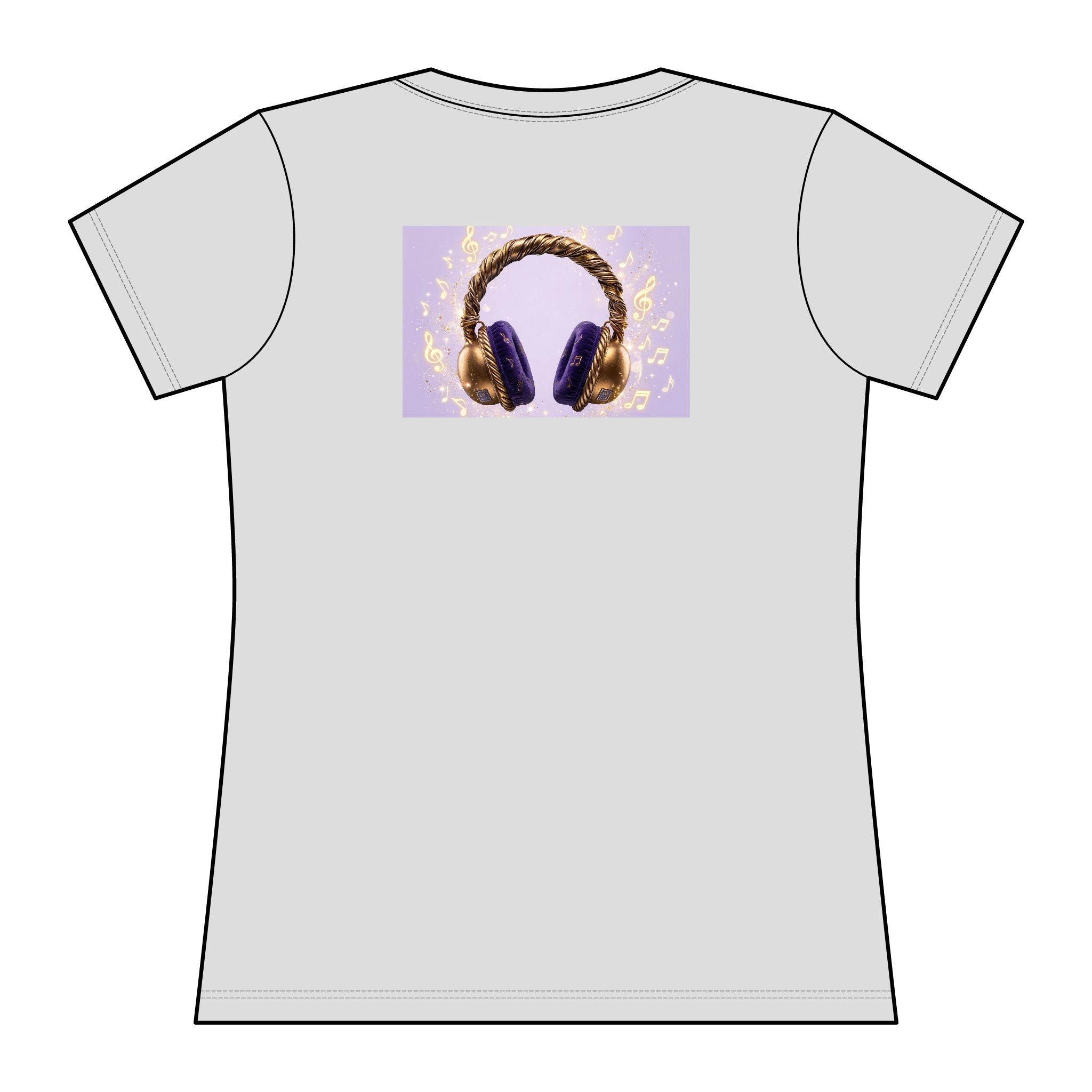Women’s Lavender/Purple Headphones Graphic Tee – Gold & Purple Music Lover Rashguard