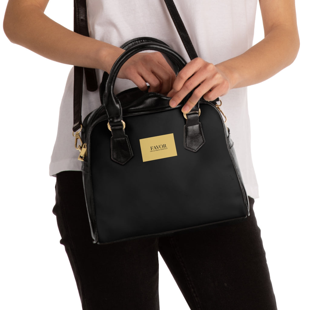 “ Favor The Ultimate Shortcut “ Classic Black & Gold Shoulder Handbag – Elegant Everyday Tote
