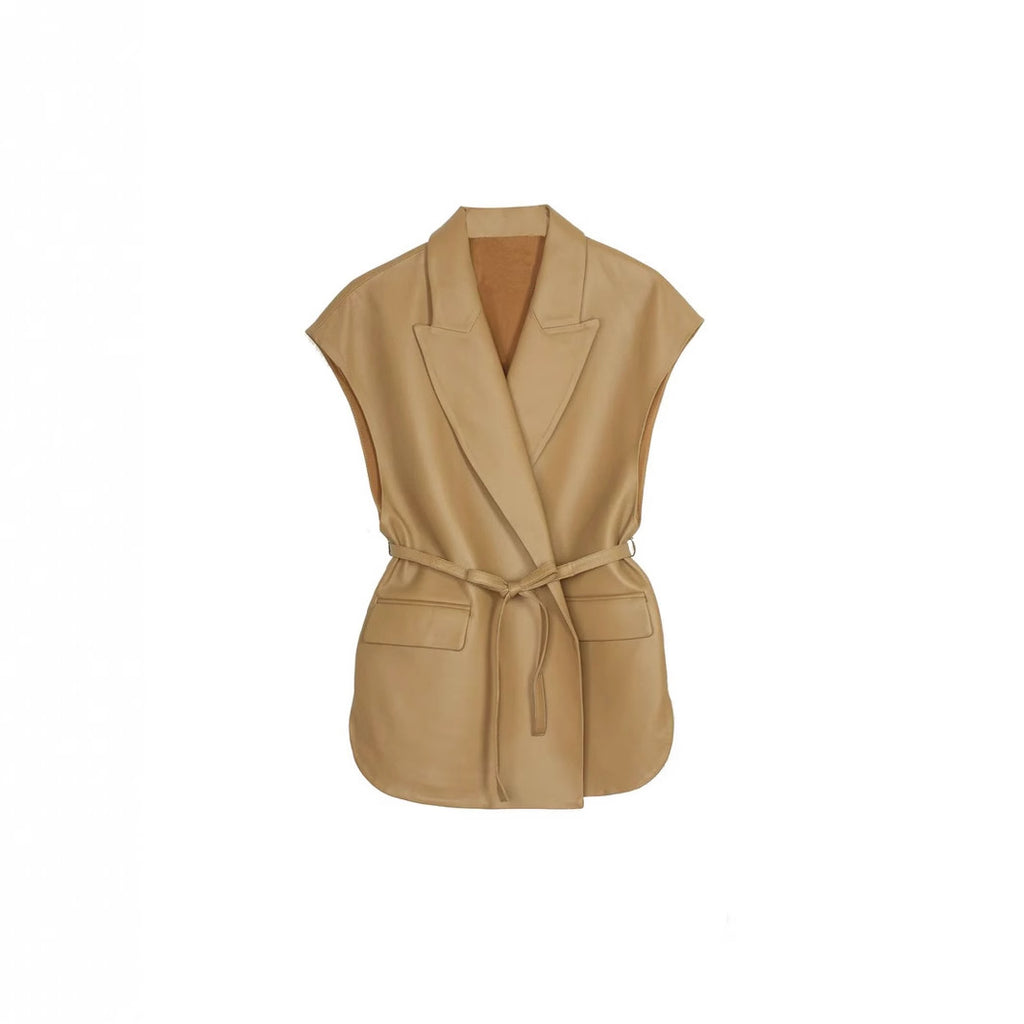 Sleeveless PU leather vest women's suit collar belt vest jacket