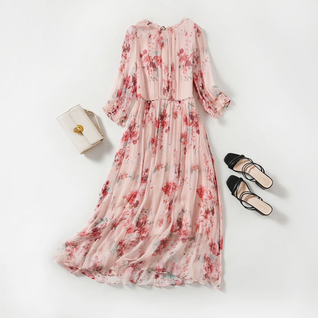 Babier Women's Silk Dress, Fashion Floral Elegant Mulberry Silk Long Dress, Beach Vacation Style