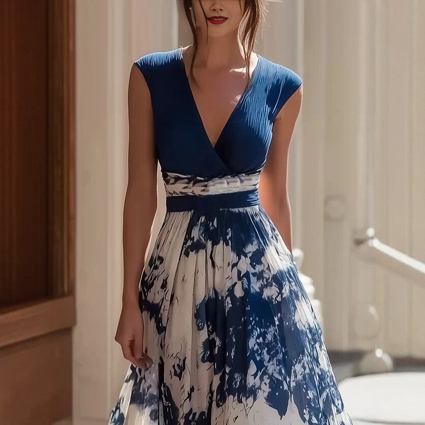 Elegant Long Sleeveless V-Neck Blue and White Porcelain Print Dress Summer Formal Dress