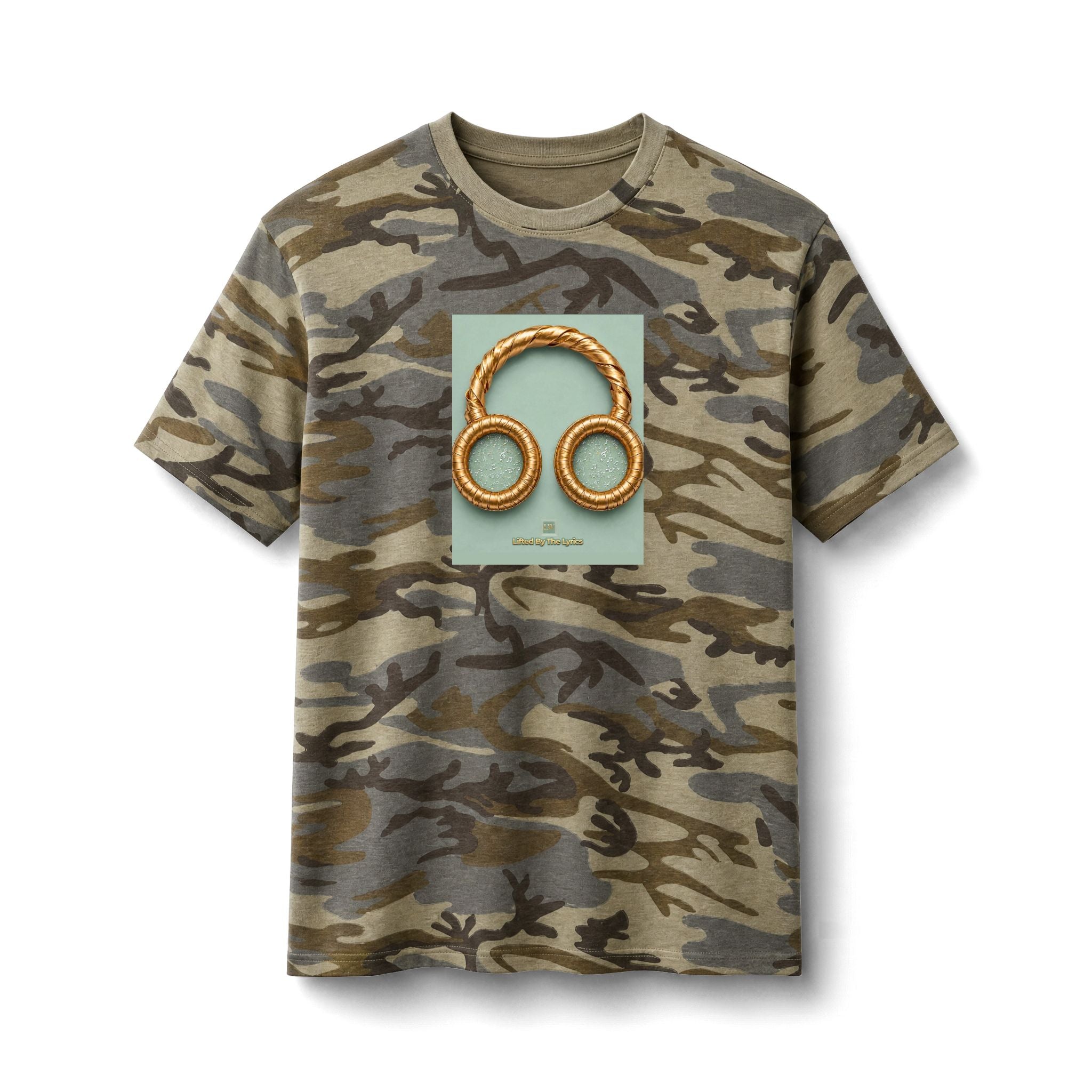 Teal Green Designed Camo Music Tee — Olive Camo T-Shirt with Golden Headphones Print