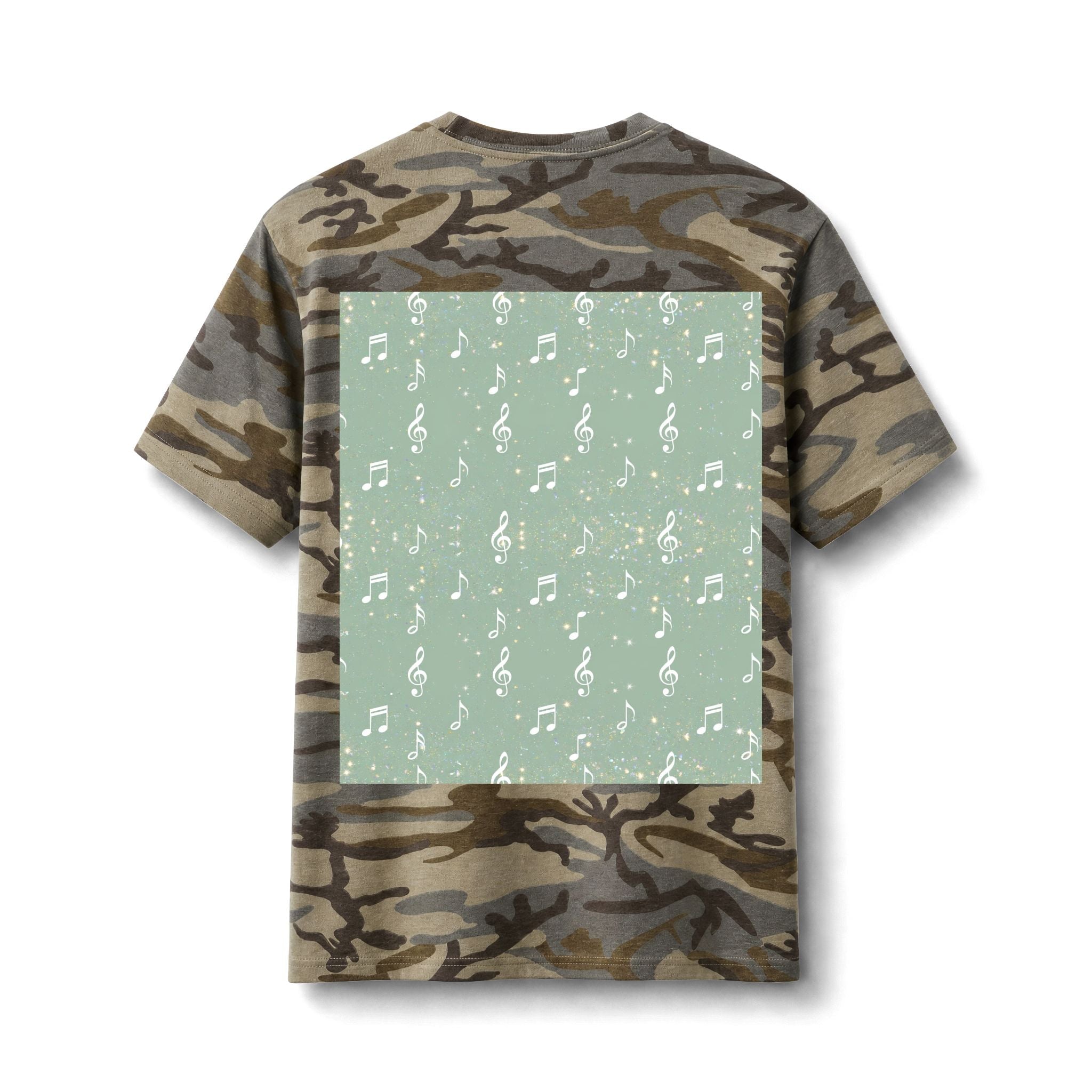 Teal Green Designed Camo Music Tee — Olive Camo T-Shirt with Golden Headphones Print