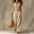 Hanging neck V-neck short top+loose lantern pants linen two-piece set for women