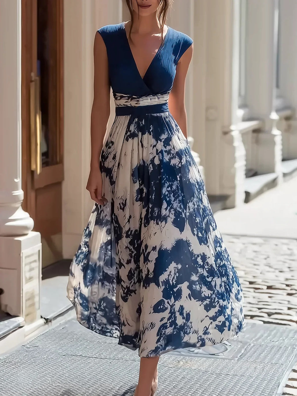 Elegant Long Sleeveless V-Neck Blue and White Porcelain Print Dress Summer Formal Dress