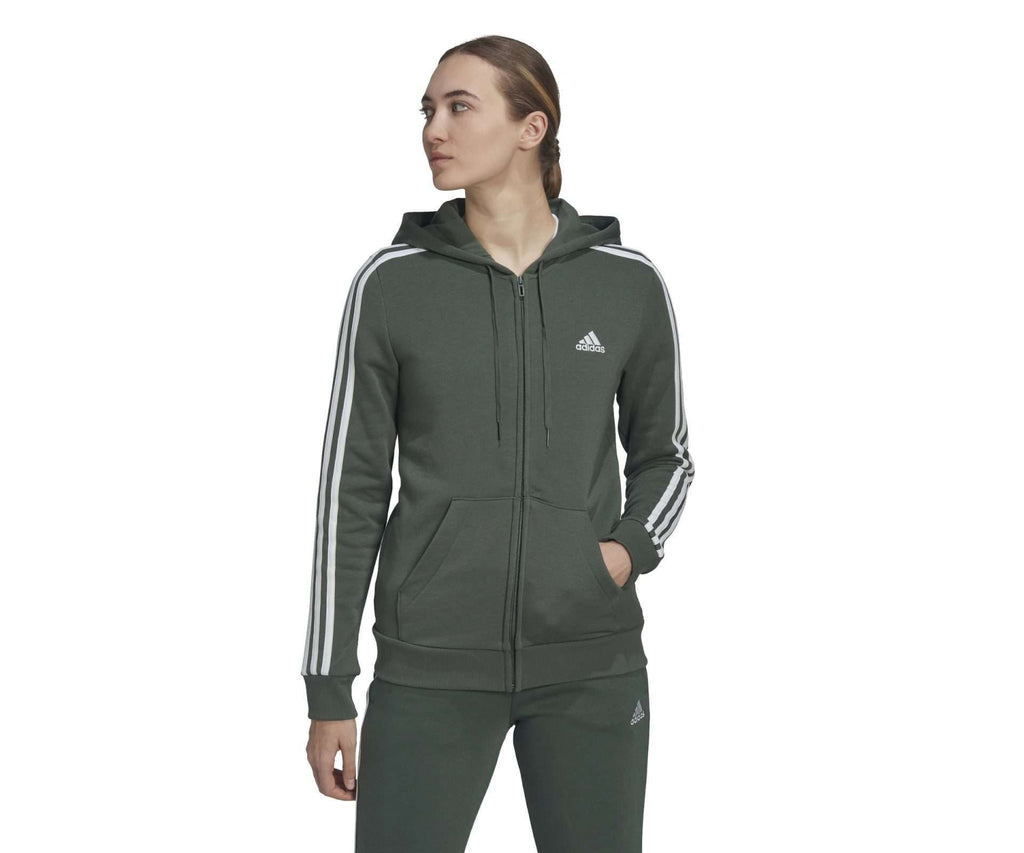 adidas Women's Essentials Fleece 3-Stripes Full-Zip Hoodie - GREEN OXIDE WHITE