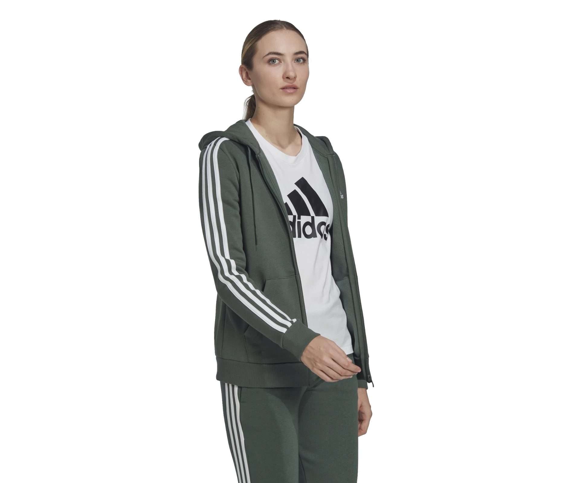 adidas Women's Essentials Fleece 3-Stripes Full-Zip Hoodie - GREEN OXIDE WHITE