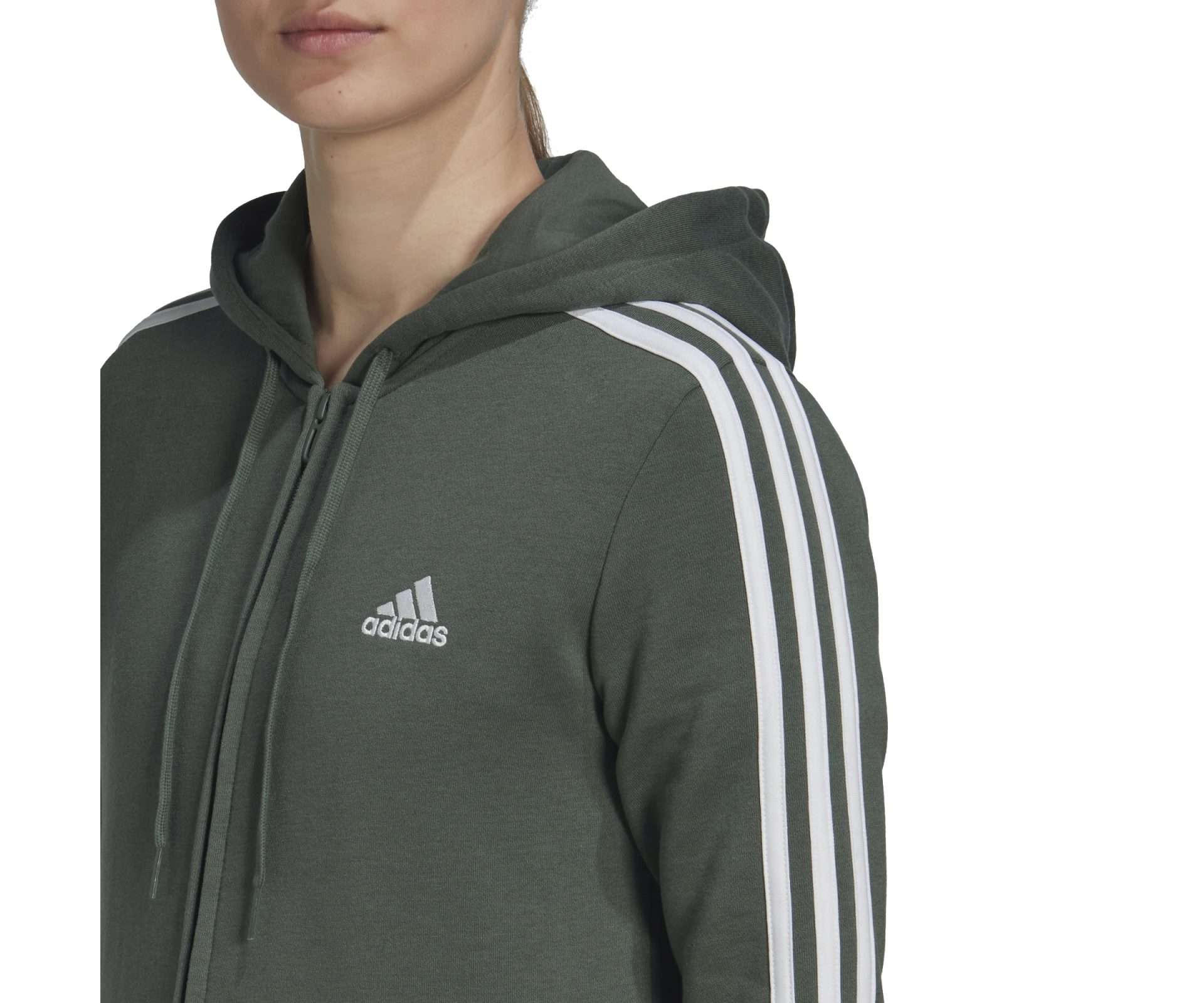 adidas Women's Essentials Fleece 3-Stripes Full-Zip Hoodie - GREEN OXIDE WHITE