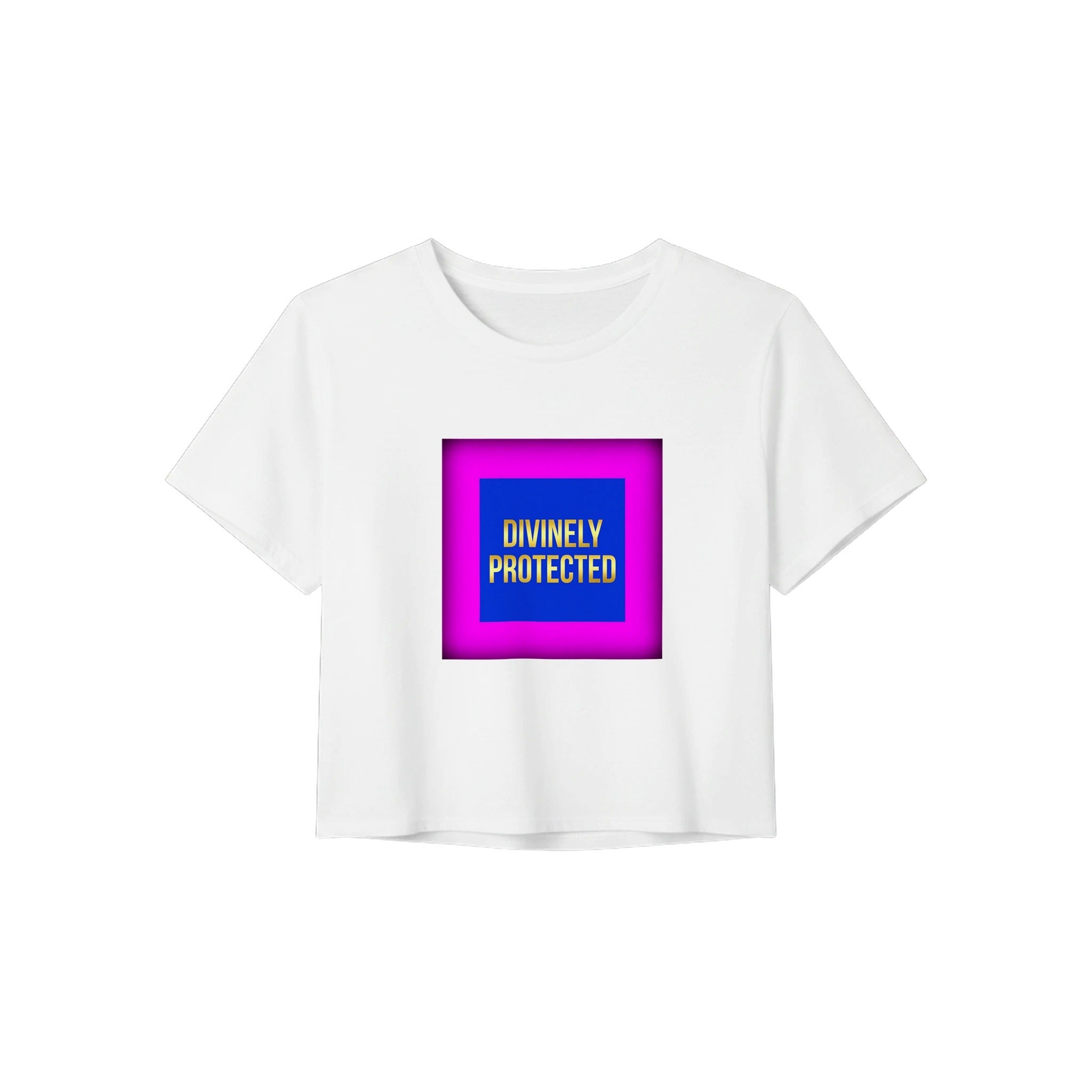 Divinely Protected Crop Tee | Bold Gold Text on Blue & Pink | Women's Bella+Canvas 8882