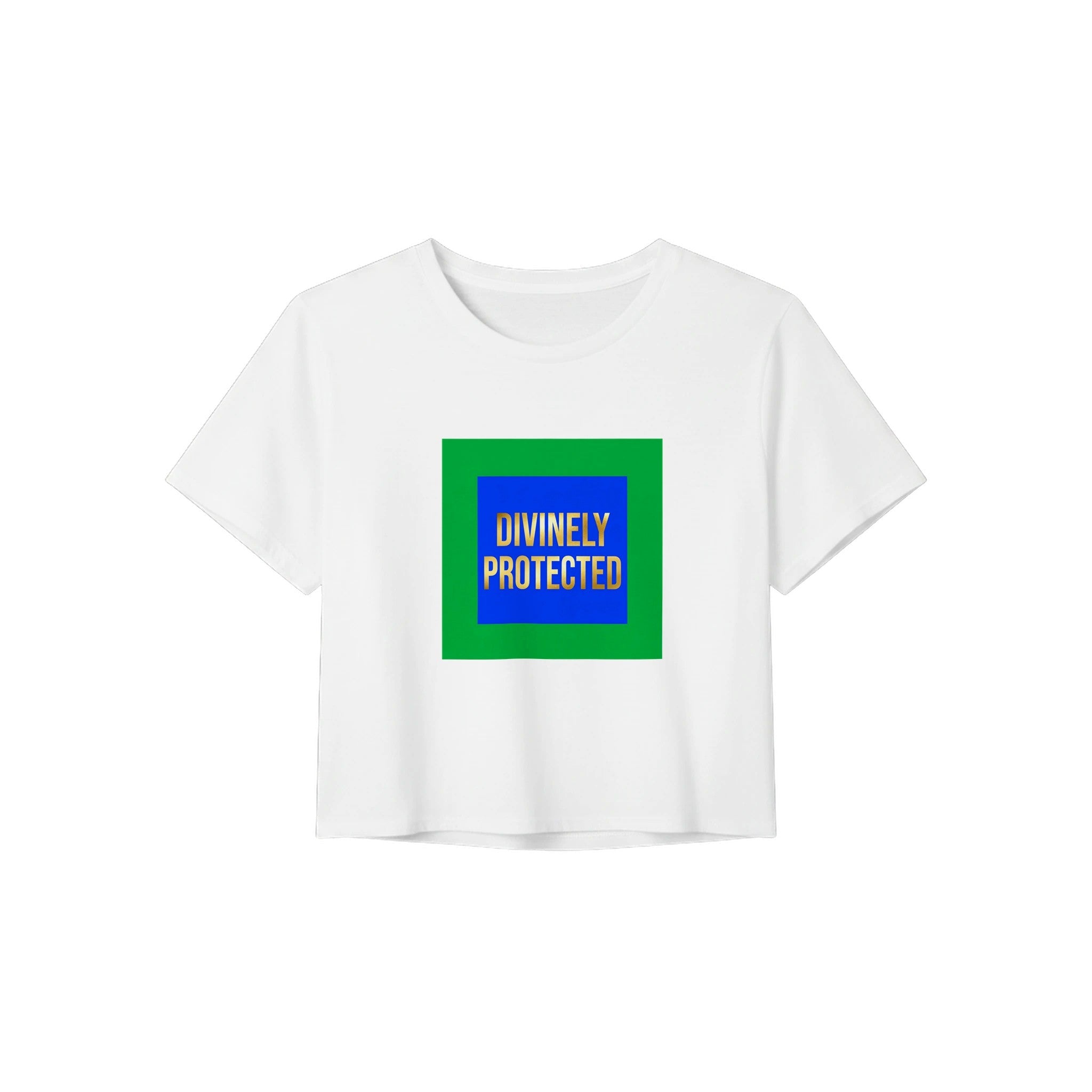 Divinely Protected Women's Crop Tee | Gold Metallic Print on Royal Blue & Green | Bella+Canvas 8882 White